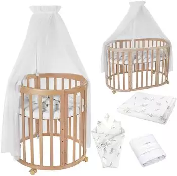 Waldin Mobiles Babybett Owales aus Holz 7in1 mit Matratze, mitwachsend, Stoffe Wei&szlig; Zweige, Holz natur