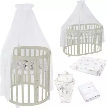 Waldin Mobiles Babybett Owales aus Holz 7in1 mit Matratze, mitwachsend, Stoffe Weiß Zweige, Holz olive