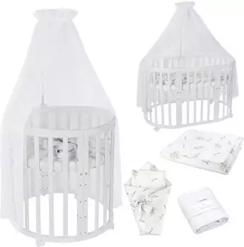 Waldin Mobiles Babybett Owales aus Holz 7in1 mit Matratze, mitwachsend, Stoffe Wei&szlig; Zweige, Holz wei&szlig;