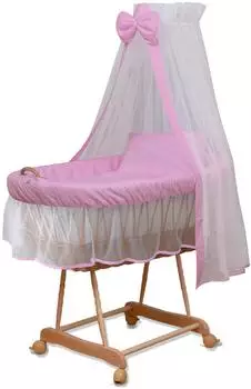 Waldin Baby Stubenwagen-Set mit Ausstattung, XXL, Gestell natur, rosa/weiß