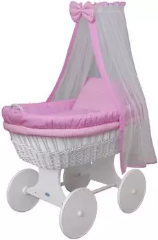 Waldin Baby Stubenwagen-Set mit Ausstattung, XXL, Gestell/Räder weiß lackiert, rosa kariert