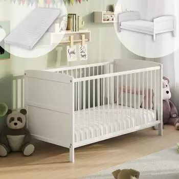 Kids Collective Babybett 60x120 umbaubar mit Matratze Gitterbett höhenverstellbar & herausnehmbare Sprossen optional mit Schublade Weiß