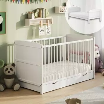 Kids Collective Babybett 60x120 umbaubar mit Schublade, Gitterbett, , höhenverstellbar & herausnehmbare Sprossen Weiß