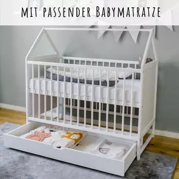 Kids Collective Babybett Beistellbett mit Schublade Hausbett Baby Bett höhenverstellbar und umbaubar, mit Matratze, weiß, 60x120 cm