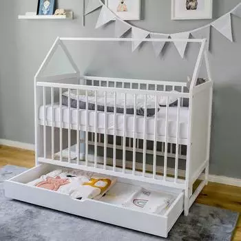 Kids Collective Babybett Beistellbett mit Schublade Hausbett Baby Bett höhenverstellbar und umbaubar, ohne Matratze, weiß, 60x120 cm