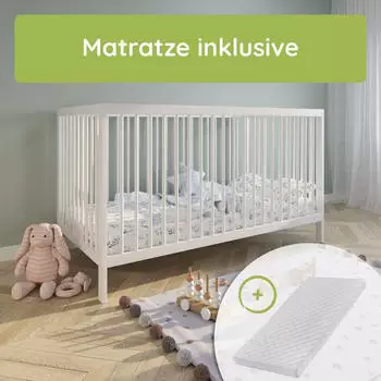 Kids Collective Babybett Gitterbett 70x140 cm mit Matratze höhenverstellbarer Lattenrost & herausnehmbare Sprossen stabiles Buchenholz weiß