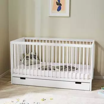 Kids Collective Babybett Gitterbett höhenverstellbar & herausnehmbare Sprossen Buchenholz weiss mit Schublade 70x140 cm