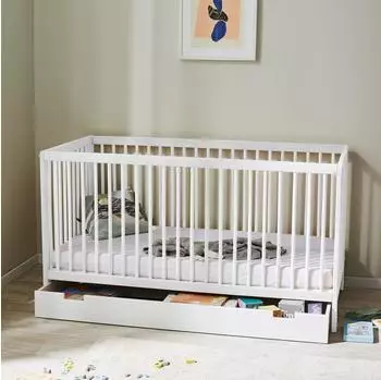 Kids Collective Babybett Gitterbett höhenverstellbar & herausnehmbare Sprossen Holz weiss mit schublade und Matratze 70x140 cm