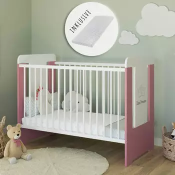 Kids Collective Babybett Gitterbett mit Matratze & Kleine Prinzessin Gravur 60x120 höhenverstellbar | herausnehmbare Sprossen weiss pink