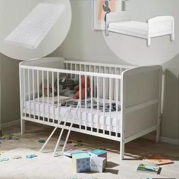 Kids Collective Babybett mit Matratze 70x140 cm Umbaubares Gitterbett höhenverstellbar & herausnehmbare Sprossen weiß