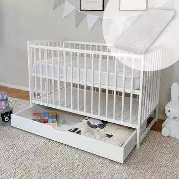 Kids Collective Babybett mit Matratze und Schublade Gitterbett 60x120 höhenverstellbar & herausnehmbare Sprossen | weiss