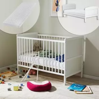 Kids Collective Babybett umbaubar zu 60x120 mit Matratze, Lattenrost und Raufallschutz Vollholz weiss