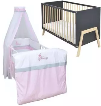 Baby-Delux Babybett Gitterbett Juna 60x120 Anthrazit Schutzgitter Matratze Bettwäsche Set 10tlg Princess