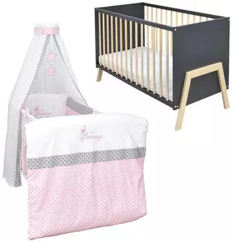 Baby-Delux Babybett Gitterbett Juna 60x120 Anthrazit Schutzgitter Matratze Bettwäsche Set 10tlg Princess Stars