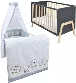 Baby-Delux Babybett Gitterbett Juna 60x120 Anthrazit Schutzgitter Matratze Bettwäsche Set 10tlg Teddy Mond Grau