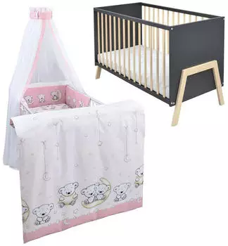 Baby-Delux Babybett Gitterbett Juna 60x120 Anthrazit Schutzgitter Matratze Bettwäsche Set 10tlg Teddy Mond Rosa