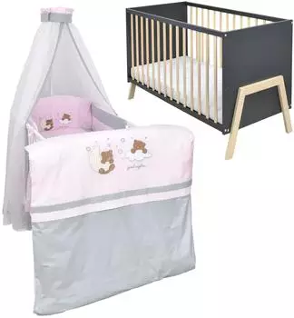 Baby-Delux Babybett Gitterbett Juna 60x120 Anthrazit Schutzgitter Matratze Bettwäsche Set 10tlg Traumland Rosa