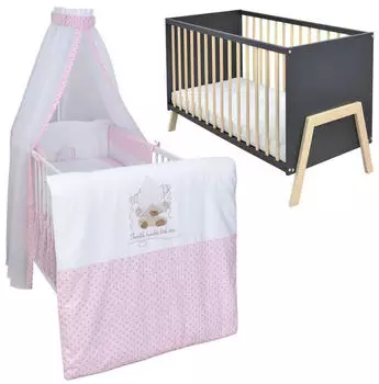 Baby-Delux Babybett Gitterbett Juna 60x120 Anthrazit Schutzgitter Matratze Bettwäsche Set 10tlg Twinkle Star Rosa