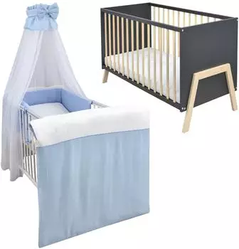 Baby-Delux Babybett Gitterbett Juna 60x120 Anthrazit Schutzgitter Matratze Bettwäsche Set 10tlg Waffelpique Musselin Blau