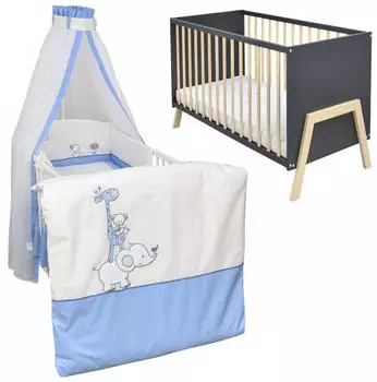 Baby-Delux Babybett Gitterbett Juna 60x120 Anthrazit Schutzgitter Matratze Bettwäsche Set 10tlg Zirkus Blau