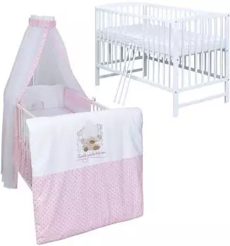 Baby-Delux Babybett Gitterbett Milo Weiß 120x60 Komplett Bettset 10-tlg mit Stickerei Twinkle Star Rosa