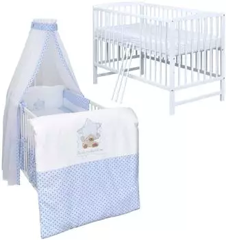 Baby-Delux Babybett Gitterbett Milo Weiß 120x60 Komplett Bettset 10-tlg mit Stickerei Twinkle Stars Blau