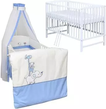 Baby-Delux Babybett Gitterbett Milo Weiß 120x60 Komplett Bettset 10-tlg mit Stickerei Zirkus Blau