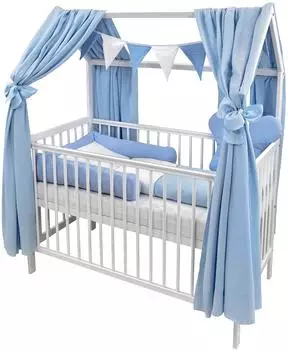 Baby-Delux Hausbett Gitterbett weiß 60x120 Beißschienen Matratze Bett Set Waffelpique Musselin Blau