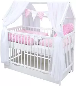 Baby-Delux Hausbett Gitterbett weiß 60x120 Beißschienen Schublade Schutzgitter Matratze Bett Set Princess Stars