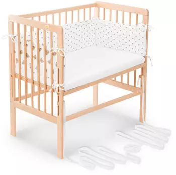 FabiMax Beistellbett Boxspring Klar lackiert - Musselin-Nestchen / Comfort / Herzen / Bären