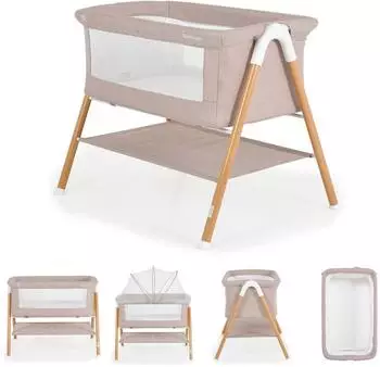Moni Kalinihta Beistellbett mit Matratze, Moskitonetz, Holzdruck hellbraun