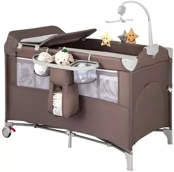Costway Beistellbett 5-in-1 klappbar, 2 Ebenen, mit Matratze, braun (NQ32263ORDE)