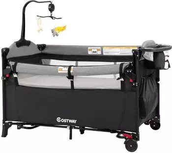 Costway 5-in-1-Babybett mit Wickeltisch, höhenverstellbar, schwarz (BC10125DK)