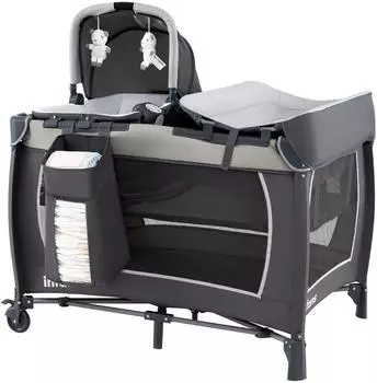 Costway Beistellbett 5-in-1 mit Matratze und Rollen, grau, bis 36 Monate