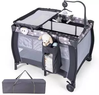 Costway Beistellbett 3-in-1 mit Rollen, Wickeltisch & Tragetasche, bis 36 Monate