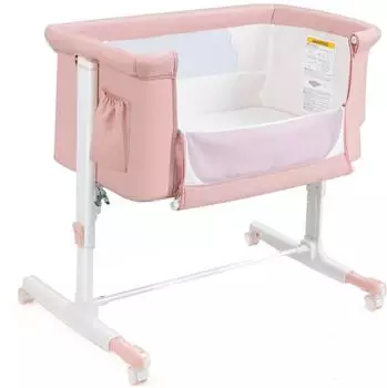 Costway Beistellbett 3-in-1 Reisebett, 5-stufig h&ouml;henverstellbar, mit Matratze, rosa