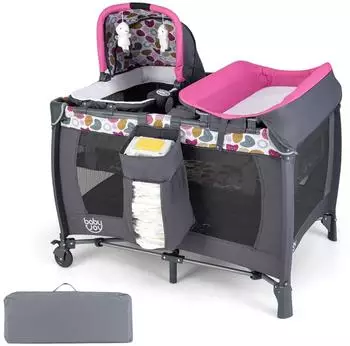 Costway Reisebett 5-in-1 mit Babywiege, Wickeltisch & Matratze, rosa