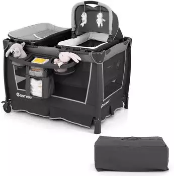 Costway Reisebett 5-in-1 mit Stubenwagen, Wickelauflage & Rollen, grau