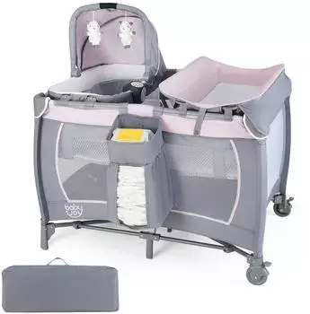 Costway 5-in-1 Baby-Reisebett mit Matratze, Wickeltisch und Wiege, rosa