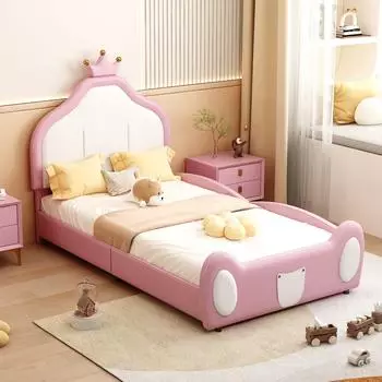Stilvora Kinderbett 90x200 Kunstleder Kronenkopfteil rosa/wei&szlig; (KABCJLKI22YAOKKZ)