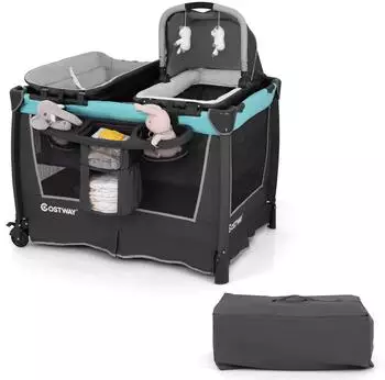 Costway Beistellbett 5-in-1 mit Wickelauflage, Stubenwagen & Rollen, grün