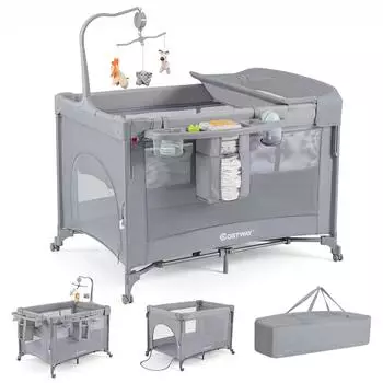 Costway Reisebett mit Wickeltisch, Rollen & Tragetasche, 0-36 Monate, grau
