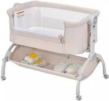 Costway 3-in-1 Beistellbett & Reisebett, 7-fach höhenverstellbar, beige