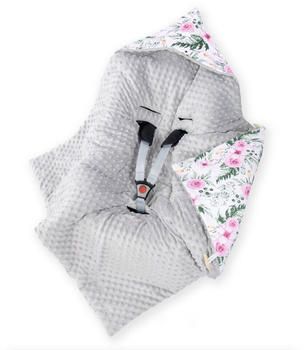 Amilian Einschlagdecke mit Kapuze für Babyschale 90x90 cm Puder rosa Minky grau