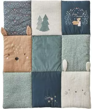 Vertbaudet Magic Forest Spieldecke / Laufstalleinlage, Baumwolle & Samt Patchwork, grün, 75x100cm