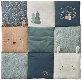 Vertbaudet Magic Forest Spieldecke / Laufstalleinlage, Baumwolle & Samt Patchwork, grün, 100x100cm