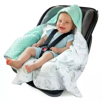 Medi Partners Einschlagdecke Baby 100% Baumwolle, doppelseitig, 85x85cm (Ozean mit Mint Minky)