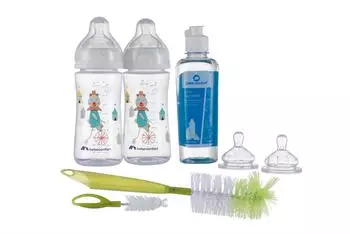 Bebeconfort Emotion Geburtsset, 2 Babyflaschen 270ml, Sauger, Flaschenb&uuml;rste, Geschirrsp&uuml;lmittel (3102202120)