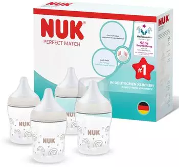 NUK Perfect Match Babyflaschen-Set 150ml Anti-Kolik, Regenbogen, 4er-Pack (10225348)