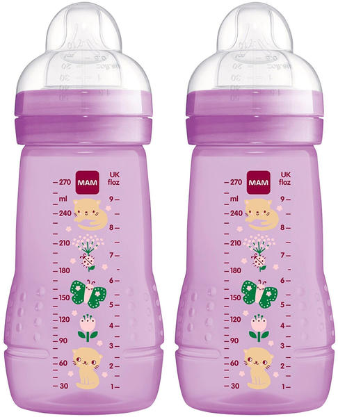 MAM Babyflasche Easy Active 270 ml im Doppelpack Katze/ Schmetterling